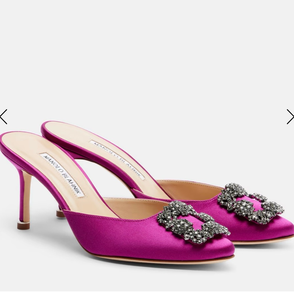 Manolo Blahnik Fuchsia Satin Embellished Pointed-Toe Mules - Picture 3 of 6